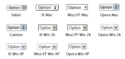 The default look of a single select in Safari, Camino, IE (Mac, Win 2000, Win XP), Firefox (Mac, Win 2000, Win XP), and Opera (Mac, Win 2000, Win XP)