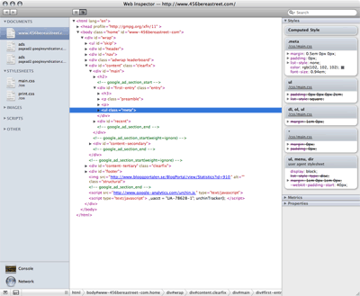 The WebKit Web Inspector displaying the CSS properties of the selected DOM element.