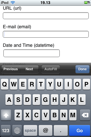 Mobile Safari displays letters and typical email address characters for input type=email.