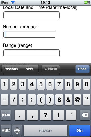 Mobile Safari displays numbers and common separator characters for input type=number.