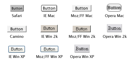 The default look of a button in Safari, Camino, IE (Mac, Win 2000, Win XP), Firefox (Mac, Win 2000, Win XP), and Opera (Mac, Win 2000, Win XP)