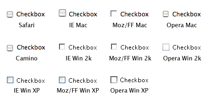 The default look of a checkbox in Safari, Camino, IE (Mac, Win 2000, Win XP), Firefox (Mac, Win 2000, Win XP), and Opera (Mac, Win 2000, Win XP)