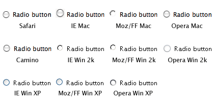 The default look of a radio button in Safari, Camino, IE (Mac, Win 2000, Win XP), Firefox (Mac, Win 2000, Win XP), and Opera (Mac, Win 2000, Win XP)