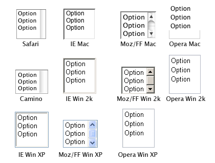 The default look of a multiple select in Safari, Camino, IE (Mac, Win 2000, Win XP), Firefox (Mac, Win 2000, Win XP), and Opera (Mac, Win 2000, Win XP)