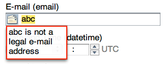 Opera displays a message when an illegal email address is entered in an input type=email control.