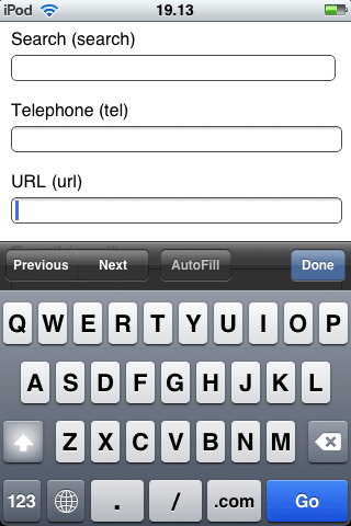 Mobile Safari displays letters, typical URL characters and a .com key for input type=url.